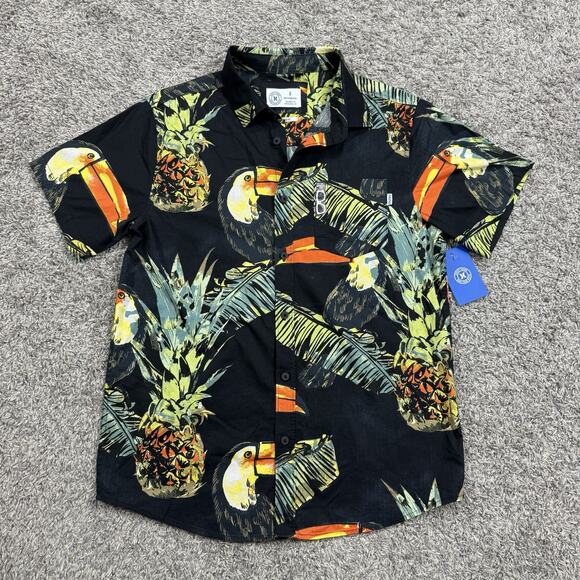 Hurley Black Medium Short Sleeve Toucan Tropical Pineapple Button Up Size S - Picture 1 of 4